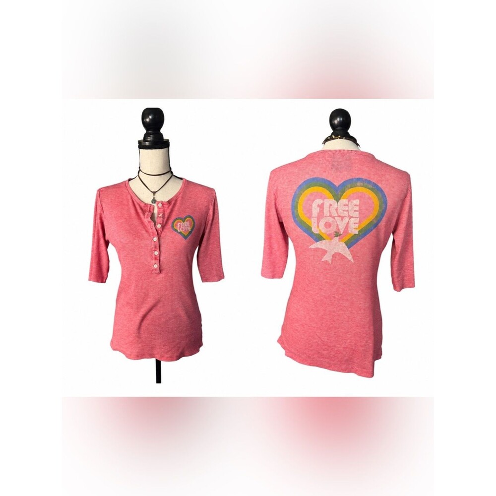 Junk Food Free Love Rainbow Heart Thermal Henley Top Pink Red Retro Boho Small